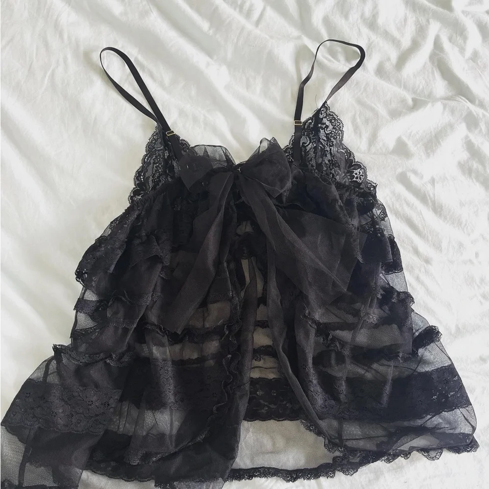 Victoria’s Secret Large Black Lace Baby Doll Lingerie Tank Open Back Bow - Picture 2 of 4